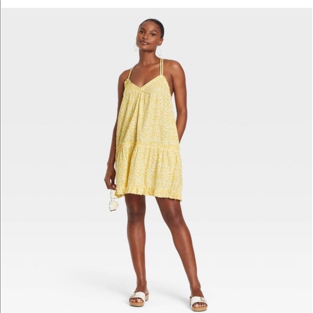 𝅺universal thread yellow & white Sleeveless Short Pintuck Dress nwt size large